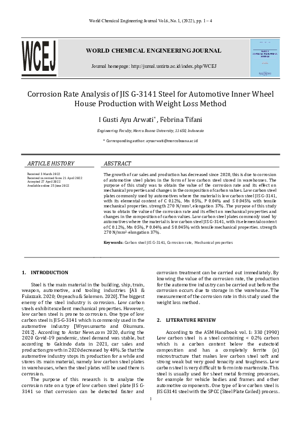PDF) Corrosion Rate Analysis of JIS G-3141 Steel for Automotive