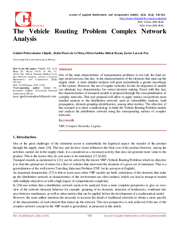 (PDF) The Vehicle Routing Problem Complex Network Analysis