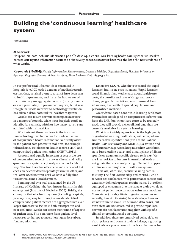 (PDF) Building the ‘Continuous Learning’ Healthcare System
