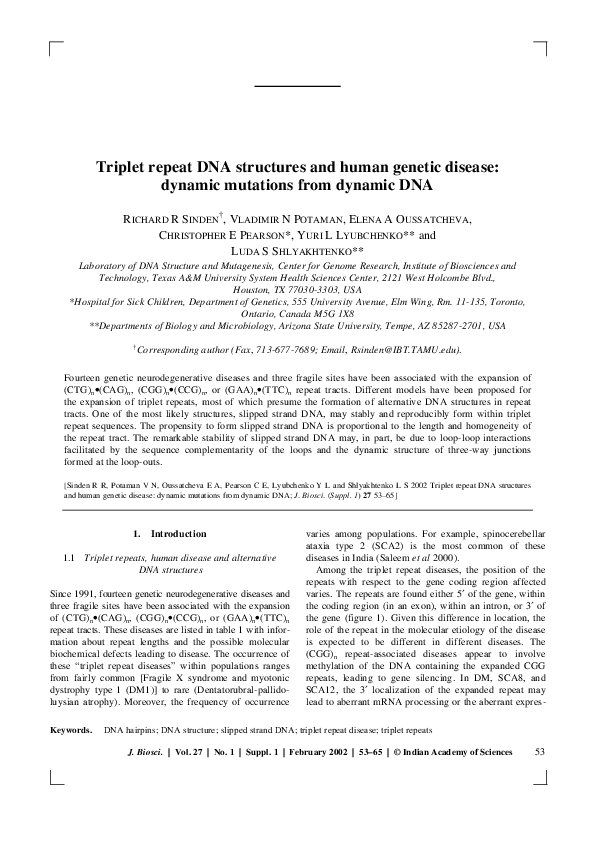 (PDF) Triplet repeat DNA structures and human genetic disease: dynamic ...
