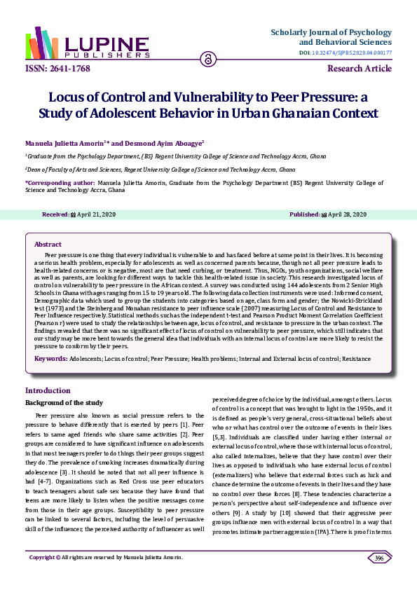 (PDF) Locus of Control and Vulnerability to Peer Pressure: a Study of ...