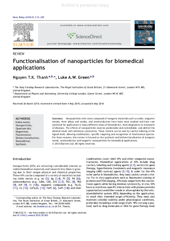 (PDF) Functionalisation of nanoparticles for biomedical applications