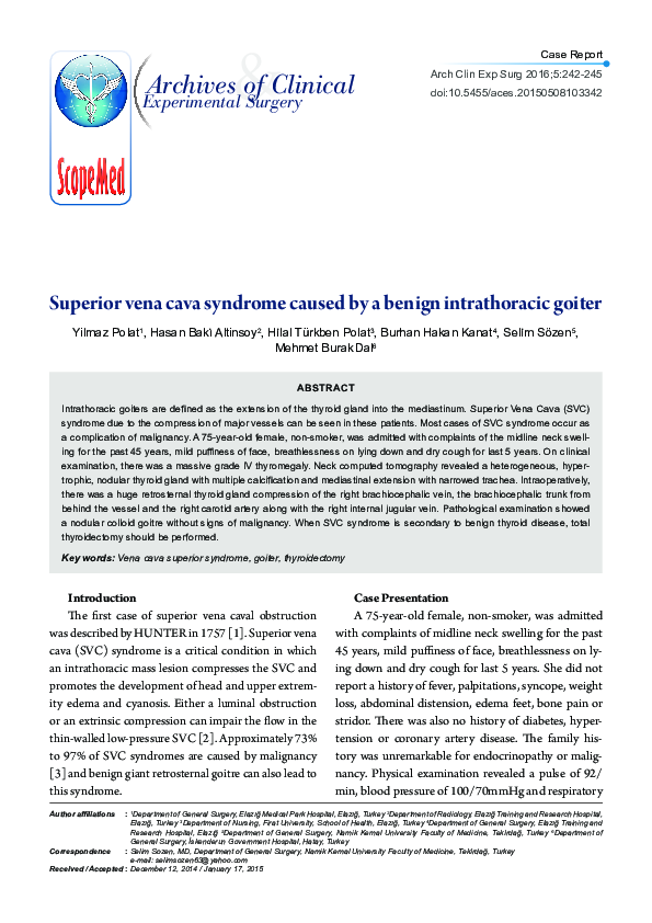 (PDF) Superior vena cava syndrome caused by a benign intrathoracic goiter