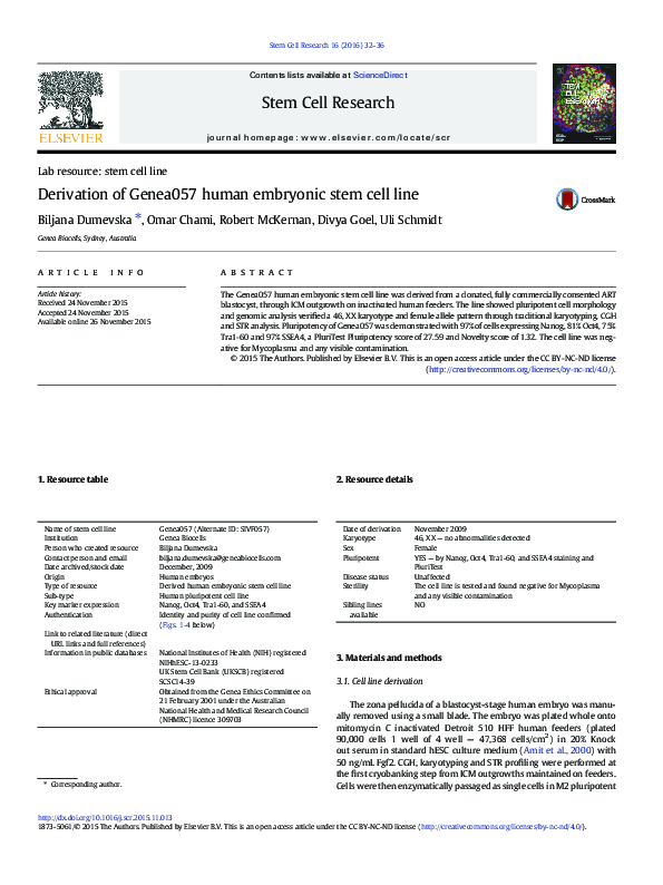 (PDF) Derivation of Genea057 human embryonic stem cell line