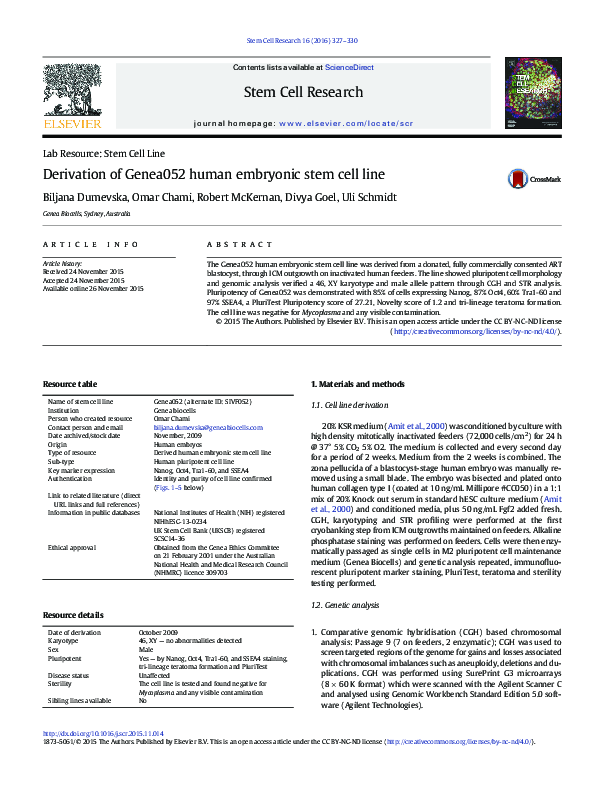 (PDF) Derivation of Genea052 human embryonic stem cell line
