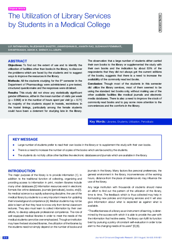 (PDF) The Utilization of Library Services by Students in a Medical College