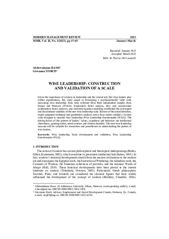 (PDF) WISE LEADERSHIP: CONSTRUCTION AND VALIDATION OF A SCALE