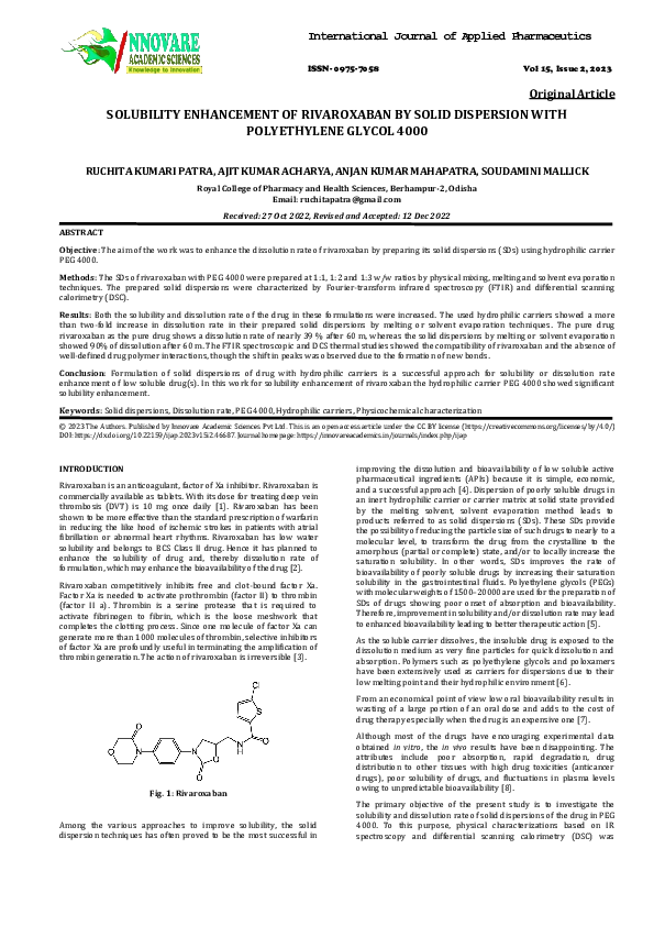 (PDF) Solubility Enhancement of Rivaroxaban by Solid Dispersion with ...