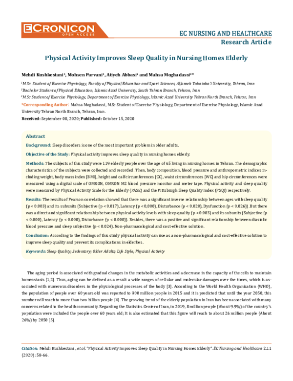 (PDF) Physical Activity Improves Sleep Quality in Nursing Homes Elderly
