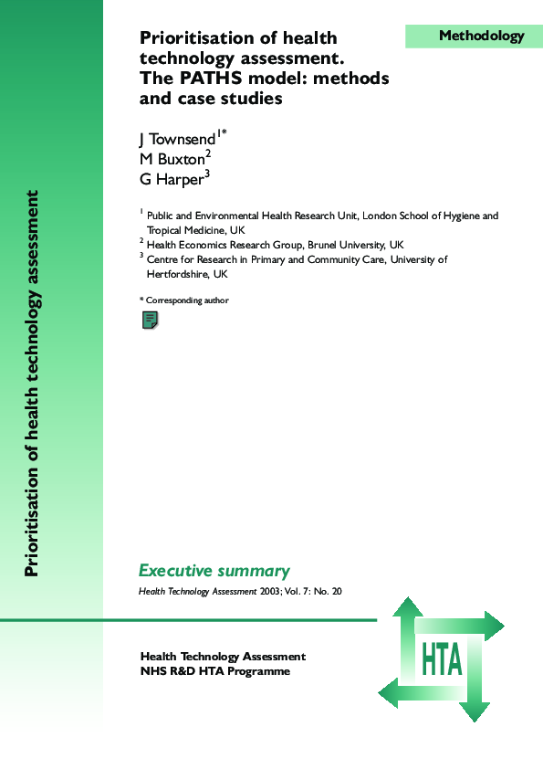 (PDF) Prioritisation of health technology assessment. The PATHS model ...