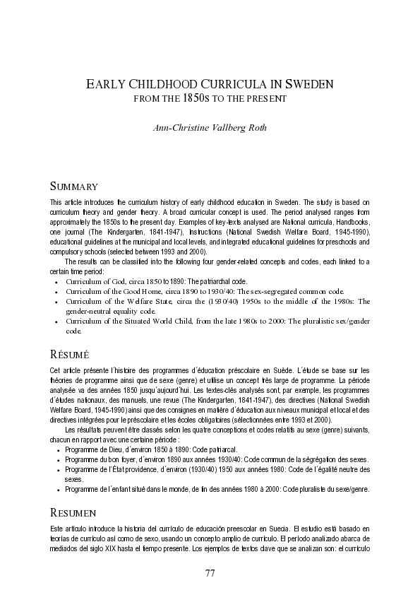 (PDF) Early childhood curricula in Sweden