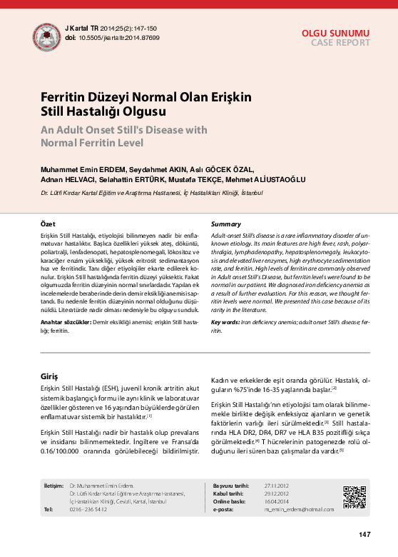 (PDF) An Adult Onset Still's Disease with Normal Ferritin Level