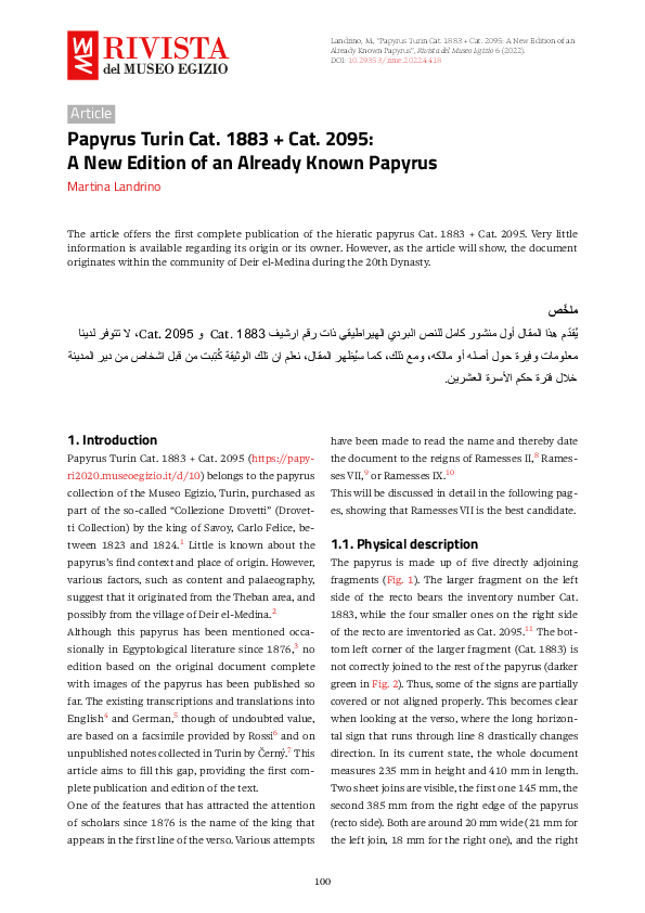 (PDF) Papyrus Turin Cat. 1883 + Cat. 2095: A New Edition of an Already ...