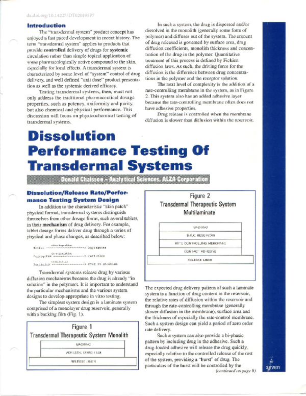 (PDF) Dissolution Performance Testing Of Transdermal Systems