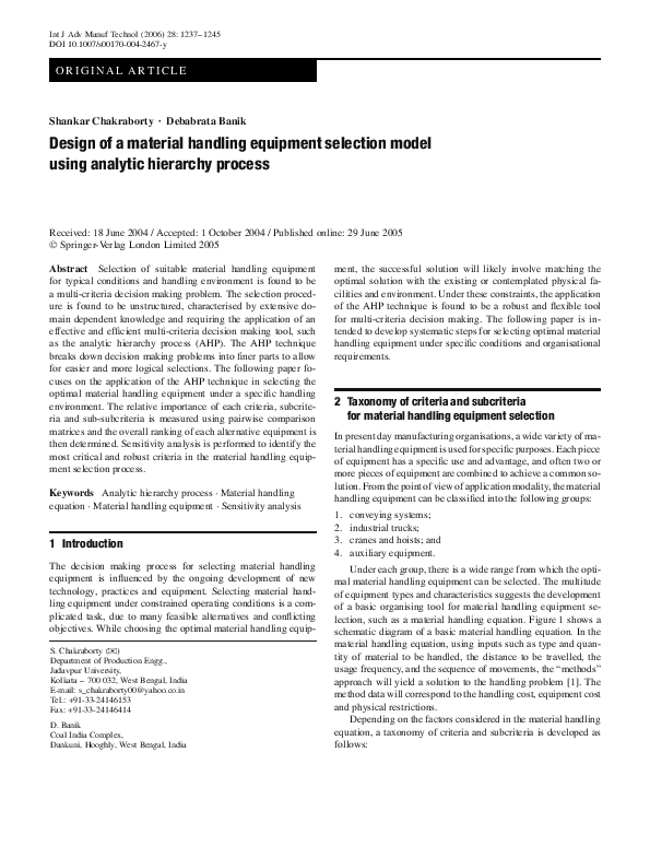 (PDF) Design of a material handling equipment selection model using analytic hierarchy process