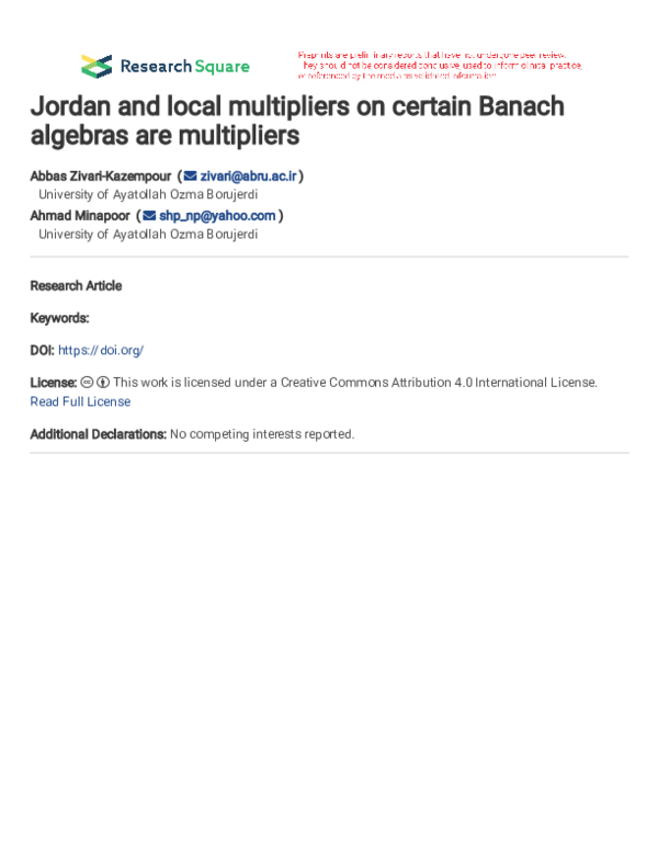 (PDF) Jordan and local multipliers on certain Banach algebras are ...