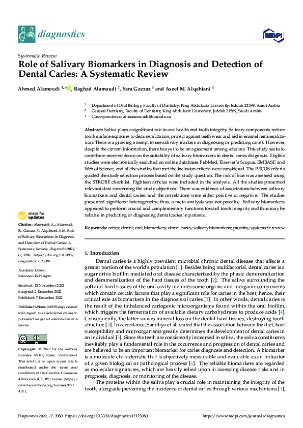 (PDF) Role of Salivary Biomarkers in Diagnosis and Detection of Dental ...