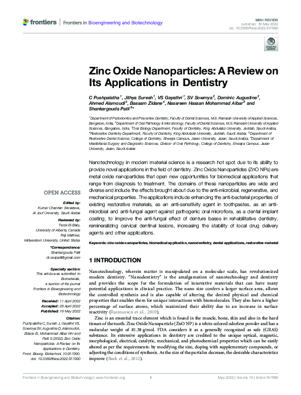 (PDF) Zinc Oxide Nanoparticles: A Review on Its Applications in Dentistry