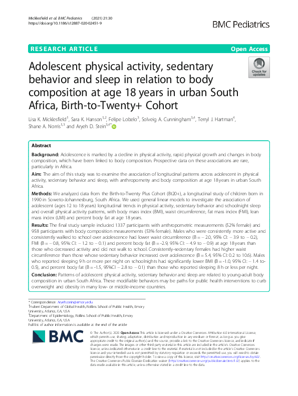 (PDF) Adolescent physical activity, sedentary behavior and sleep in ...