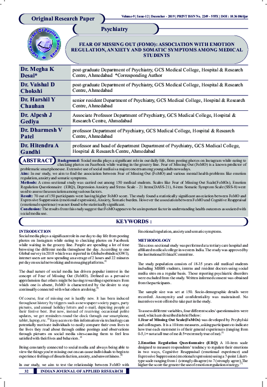 (PDF) Fear of Missing Out (FoMO): Association with Emotion regulation ...