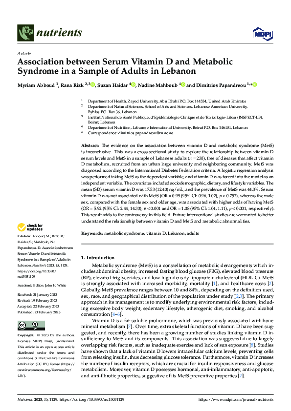 (PDF) Association between Serum Vitamin D and Metabolic Syndrome in a ...