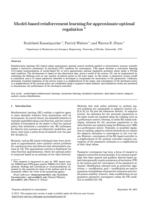 (PDF) Model-based reinforcement learning for approximate optimal regulation