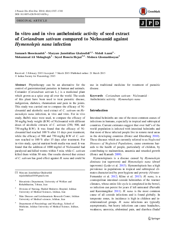 (PDF) In vitro and in vivo anthelmintic activity of seed extract of ...