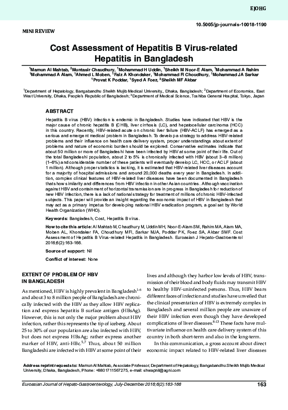 (PDF) Cost Assessment of Hepatitis B Virus-related Hepatitis in Bangladesh
