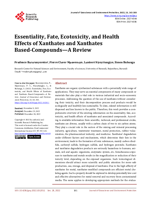 (PDF) Essentiality, Fate, Ecotoxicity, and Health Effects of Xanthates ...