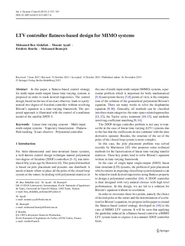 (PDF) LTV controller flatness-based design for MIMO systems