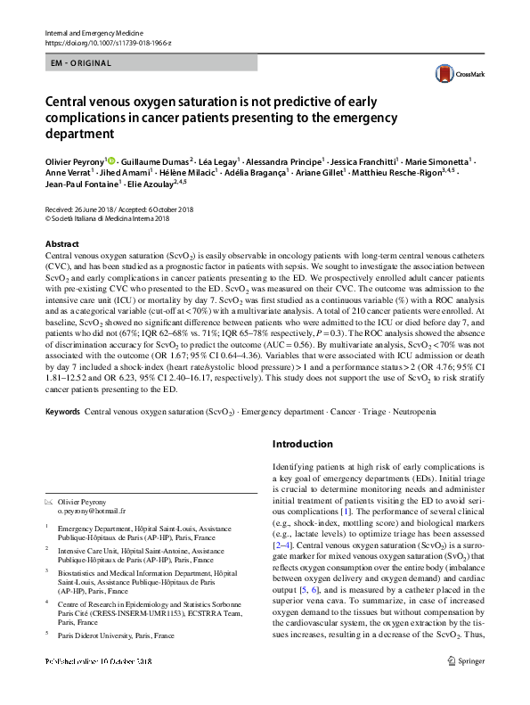 (PDF) Central venous oxygen saturation is not predictive of early ...