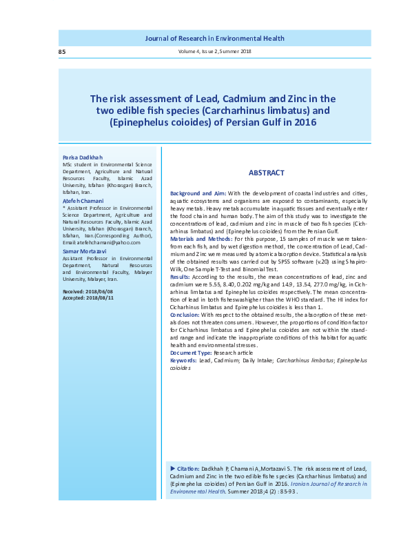 (PDF) The risk assessment of Lead, Cadmium and Zinc in the two edible ...