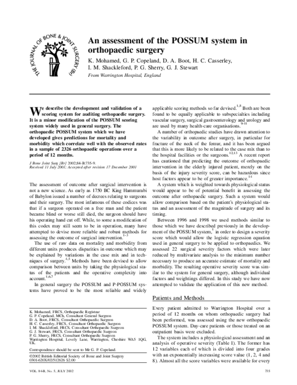 (PDF) An assessment of the POSSUM system in orthopaedic surgery