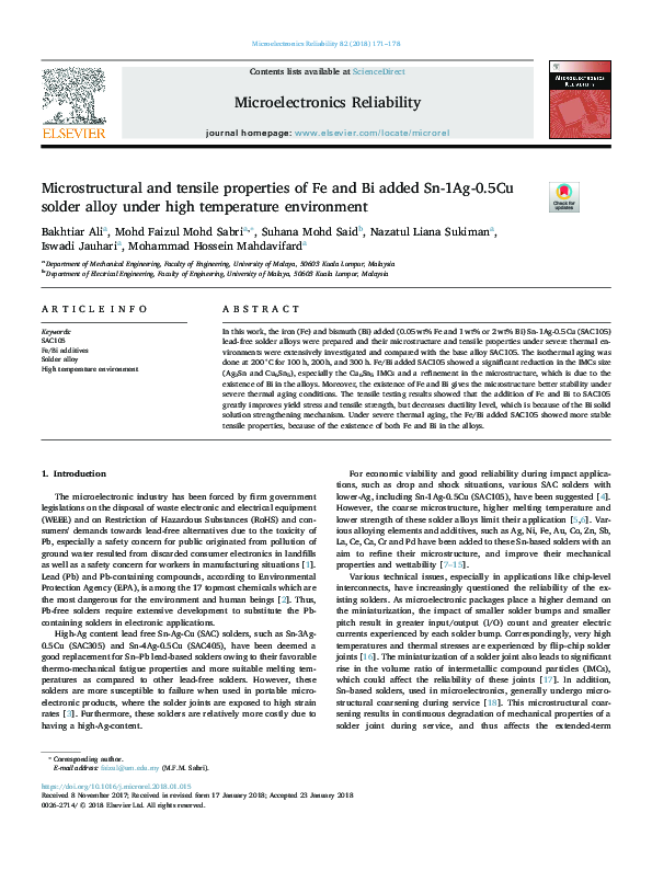 (PDF) Microstructural and tensile properties of Fe and Bi added Sn-1Ag ...