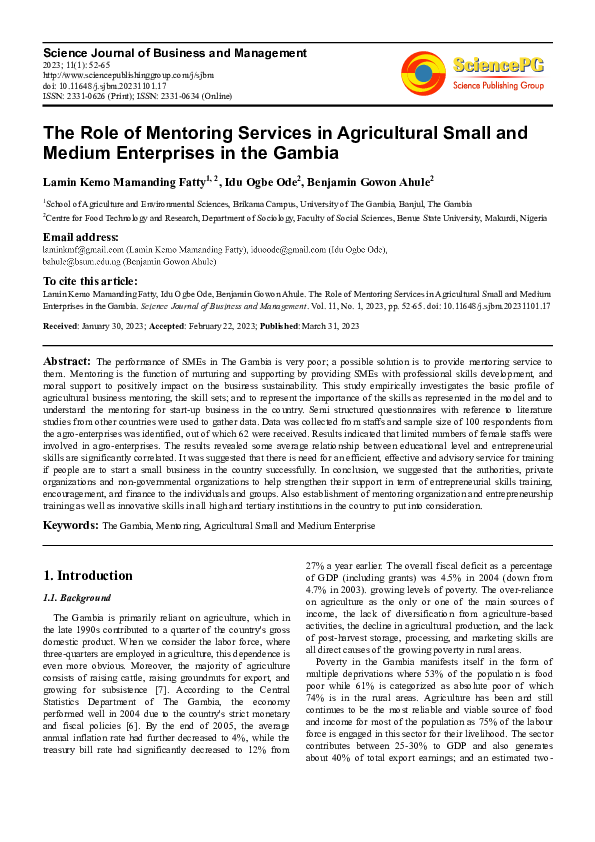 (PDF) The Role of Mentoring Services in Agricultural Small and Medium ...
