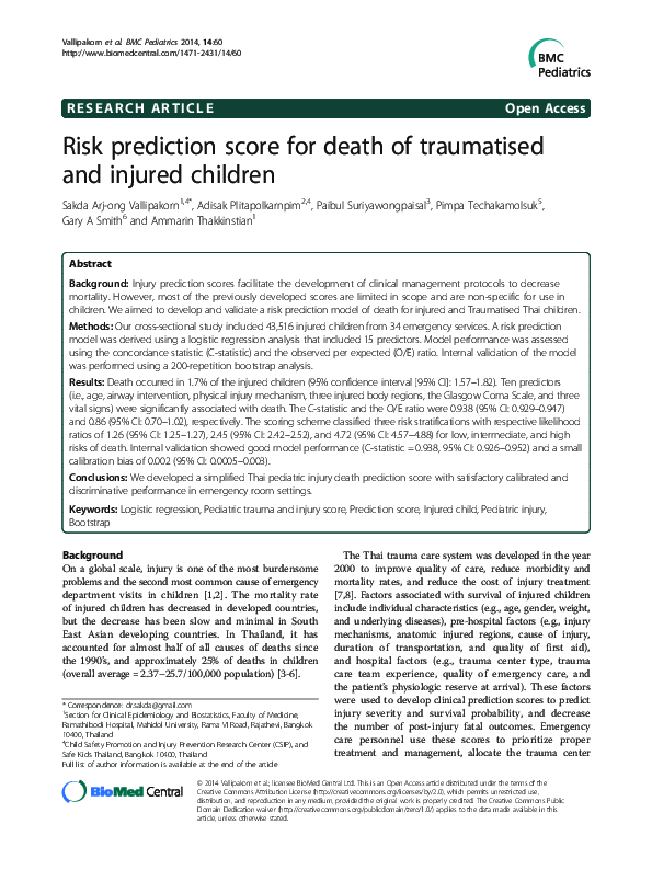 (PDF) Risk prediction score for death of traumatised and injured children