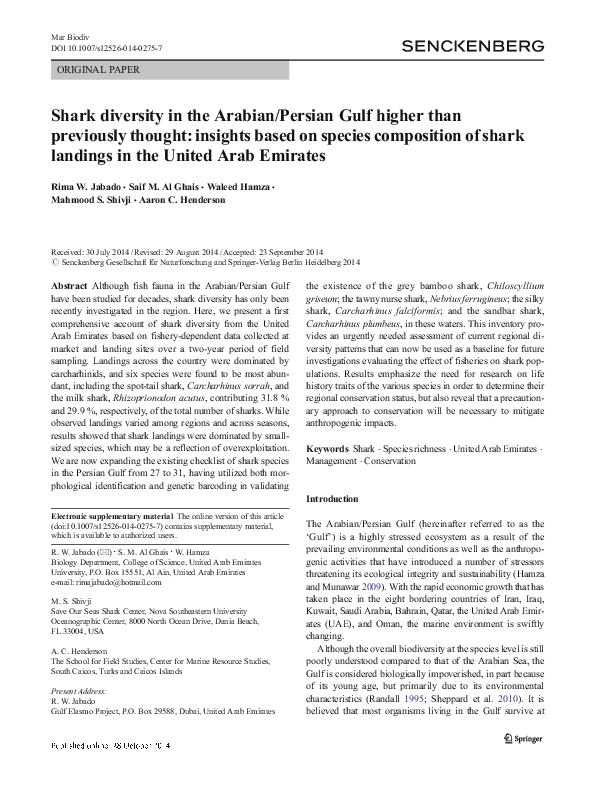 (PDF) Shark diversity in the Arabian/Persian Gulf higher than previously thought insights based