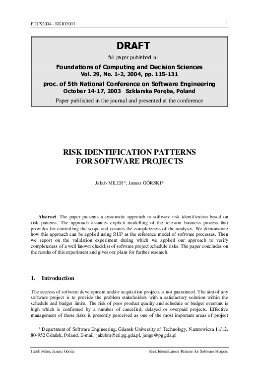 (PDF) Risk Identification Patterns for Software Projects