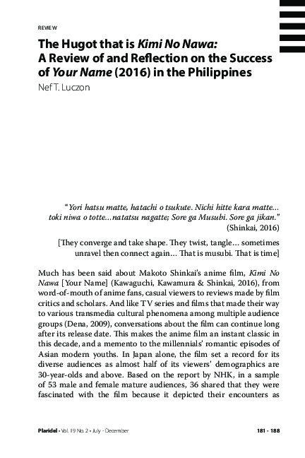 (PDF) The Hugot that is Kimi No Nawa: A Review of and Reflection on the ...