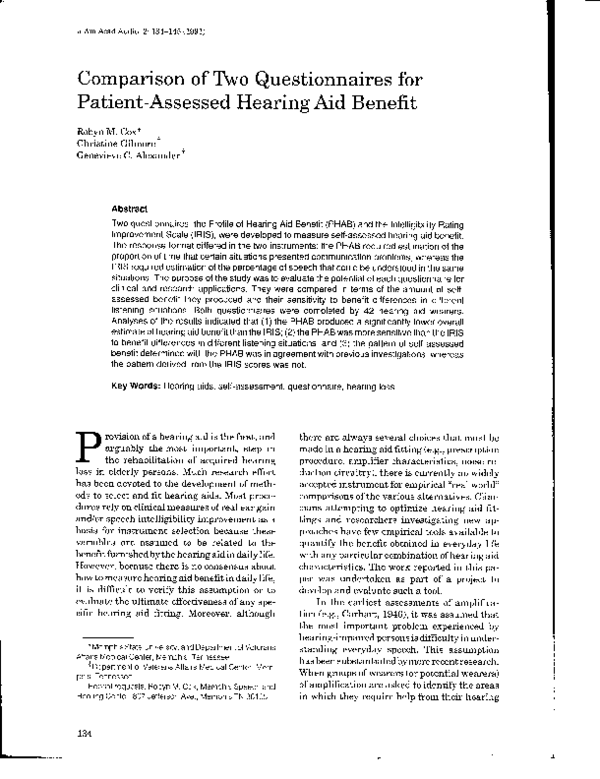 (PDF) Comparison of two questionnaires for patientassessed hearing aid