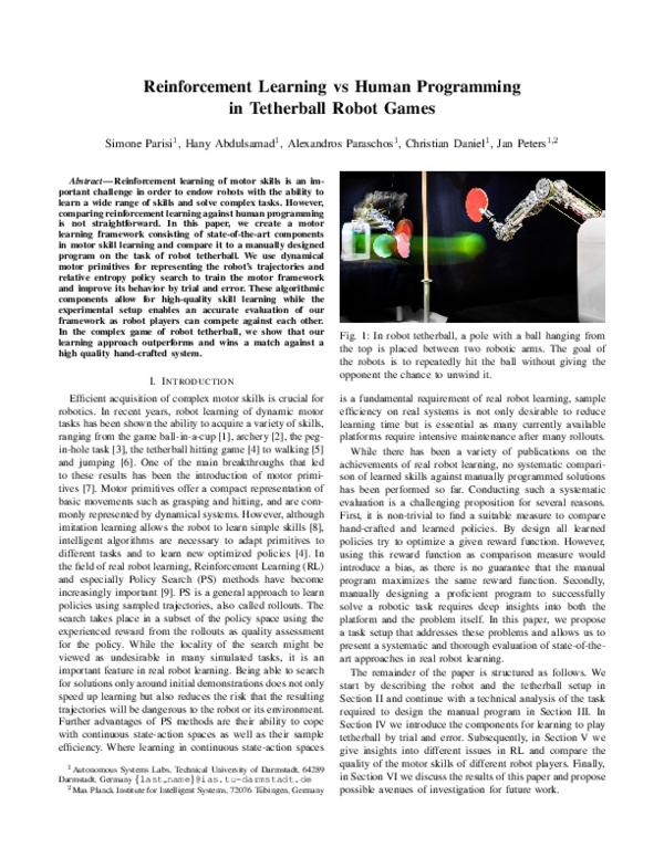 (PDF) Reinforcement learning vs human programming in tetherball robot games