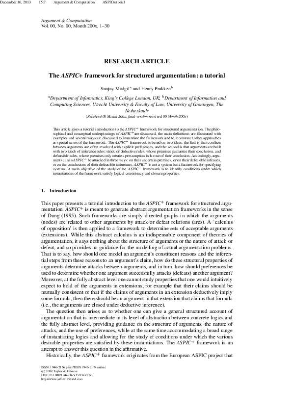 (PDF) TheASPIC+framework for structured argumentation: a tutorial