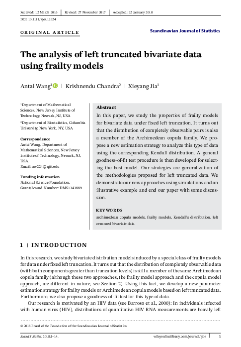 (PDF) The analysis of left truncated bivariate data using frailty models