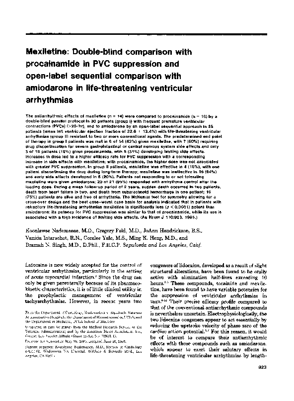 (PDF) Mexiletine Doubleblind comparison with procainamide in PVC