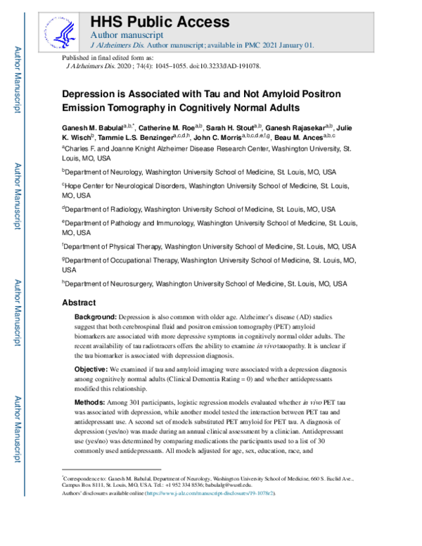 (PDF) Depression is Associated with Tau and Not Amyloid Positron ...