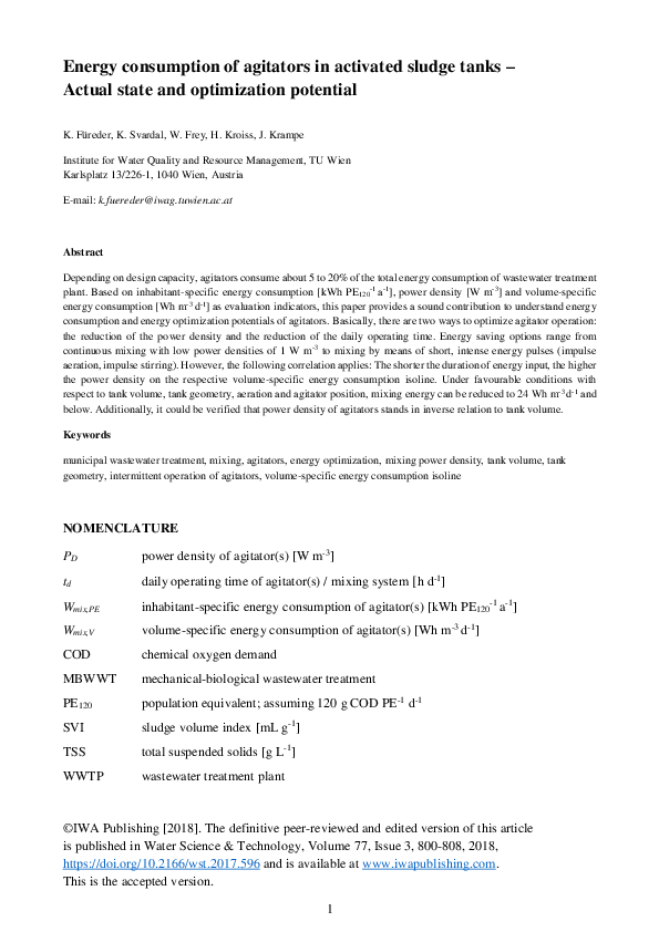 (PDF) Energy consumption of agitators in activated sludge tanks ...