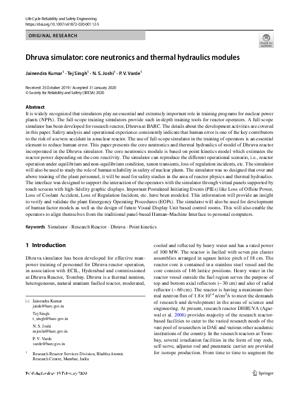 (PDF) Dhruva simulator: core neutronics and thermal hydraulics modules