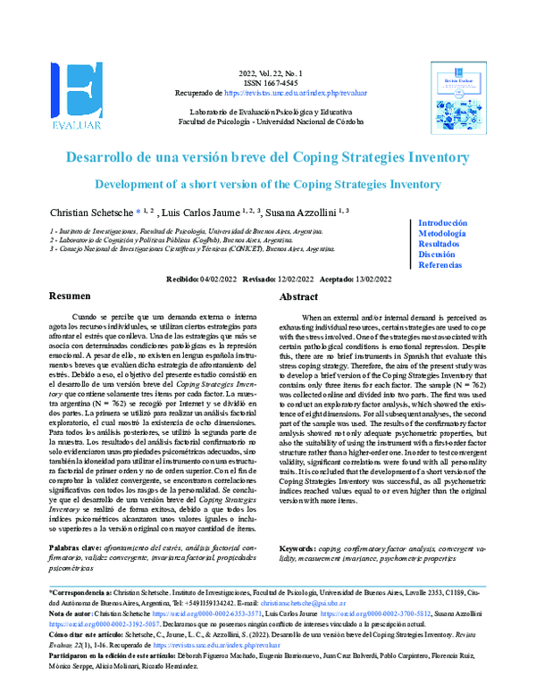 (PDF) Desarrollo de una versión breve del Coping Strategies Inventory ...