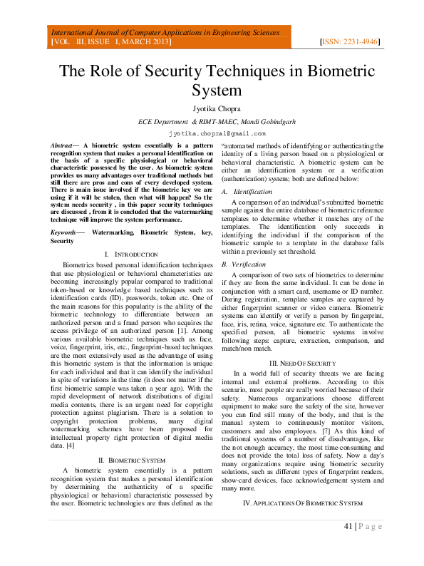 (PDF) The Role of Security Techniques in Biometric System