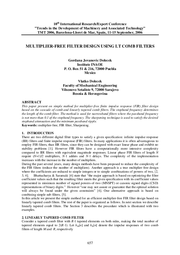 (PDF) Multiplier-Free Filter Design Using LT Comb Filters